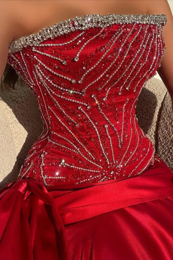 Red Strapless Beading A-line Satin Prom Dress with Bow