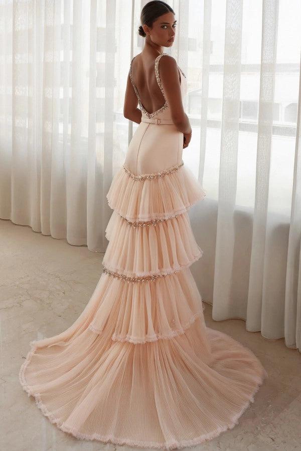 Square Neck Ruffled Long Mermaid Evening Dress with Rhinestones