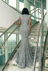 Mermaid Sequin Prom Dress with Illusion Neckline - Silver Beaded Evening Gown