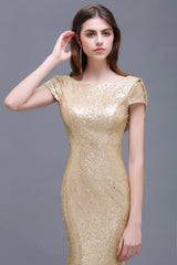 Mermaid Sparkly Sequins Scoop Short Sleeves Floor Length Bridesmaid Dresses