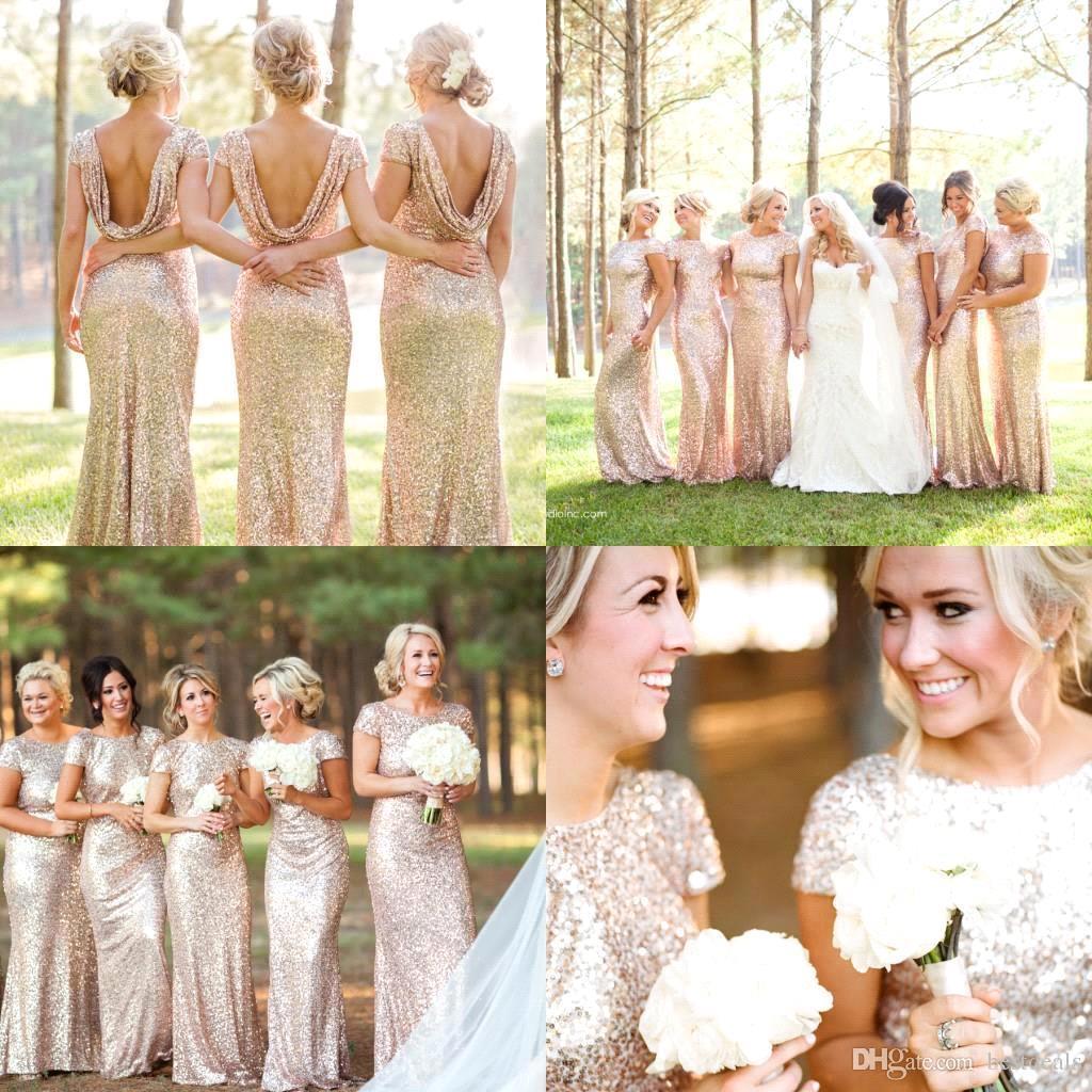 Mermaid Sparkly Sequins Scoop Short Sleeves Floor Length Bridesmaid Dresses