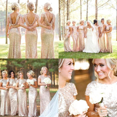 Mermaid Sparkly Sequins Scoop Short Sleeves Floor Length Bridesmaid Dresses
