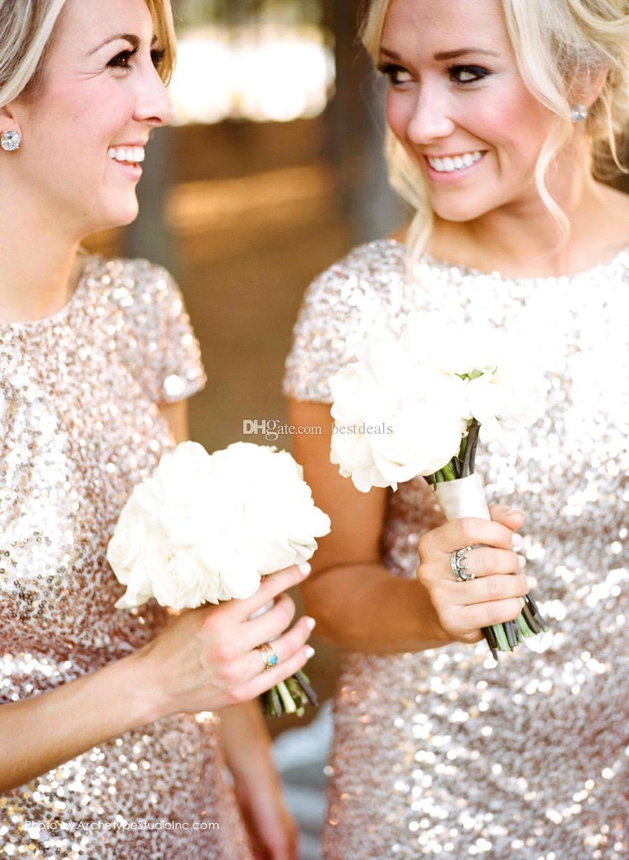 Mermaid Sparkly Sequins Scoop Short Sleeves Floor Length Bridesmaid Dresses