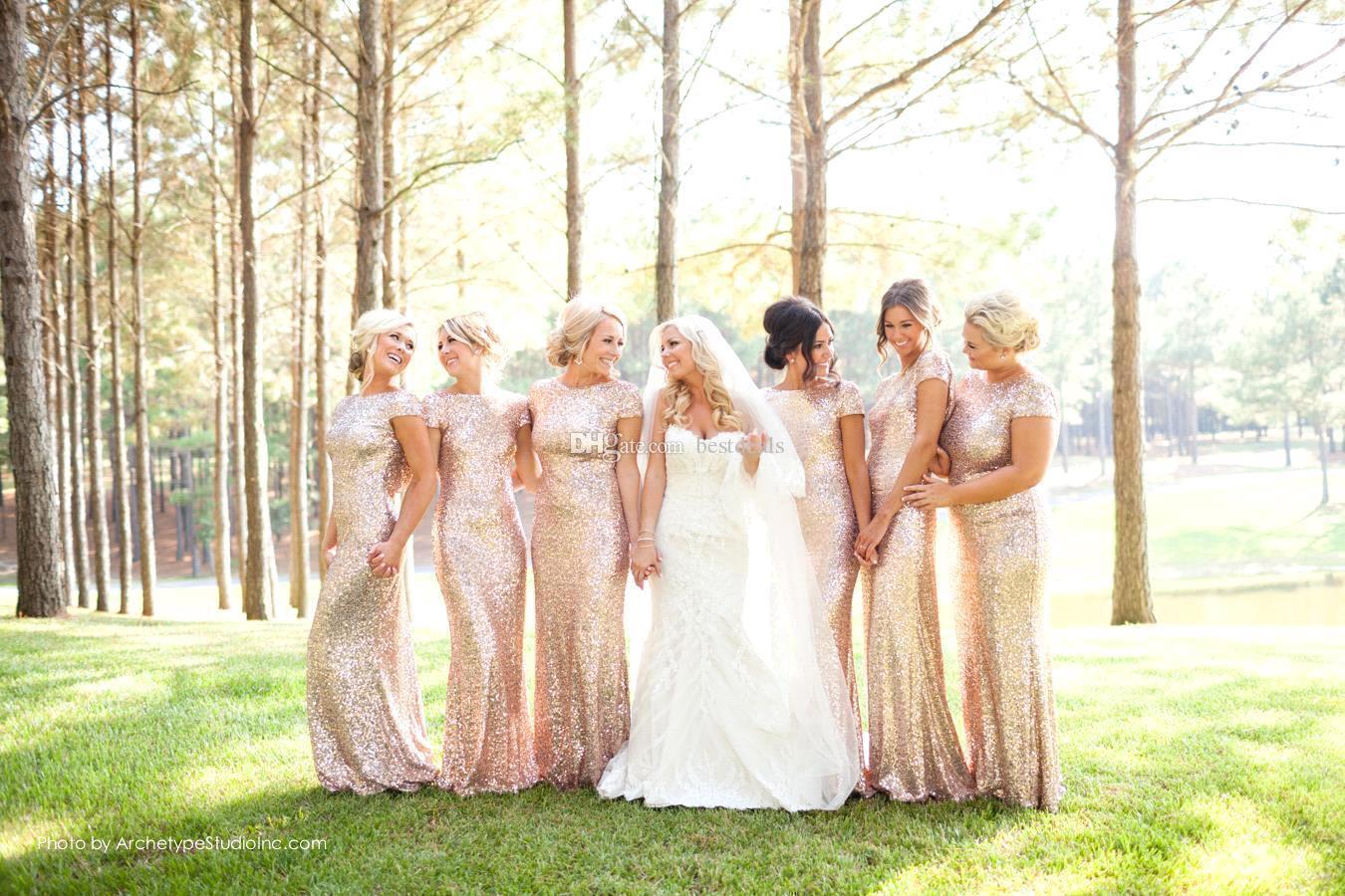 Mermaid Sparkly Sequins Scoop Short Sleeves Floor Length Bridesmaid Dresses