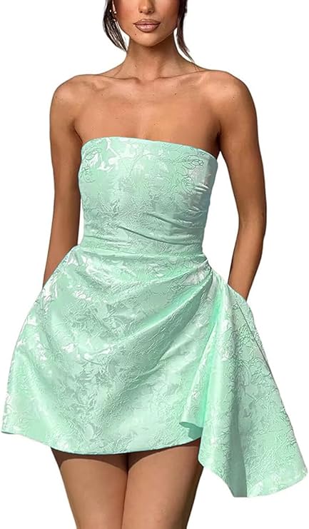 A-line Strapless Jacquard Satin Asymmetrical Lace up Sleeveless Short Homecoming Dress