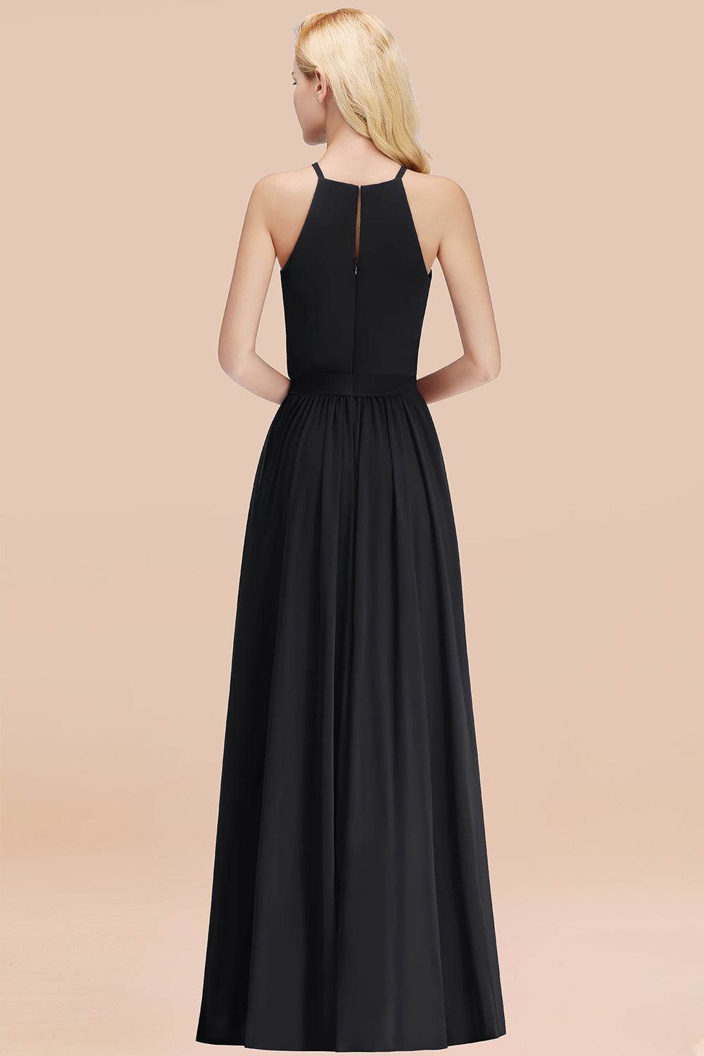 Modest Long A-line Halter Chiffon Bow Black Bridesmaid Dresses