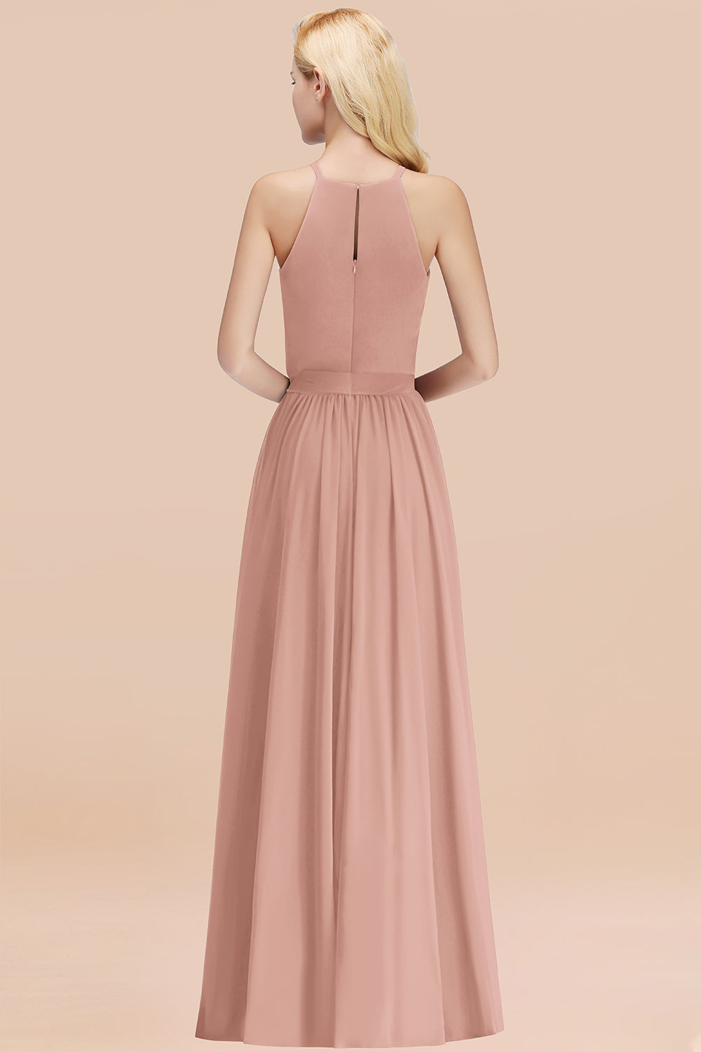 Elegant Long A-line Halter Chiffon Dusty Rose Bridesmaid Dress