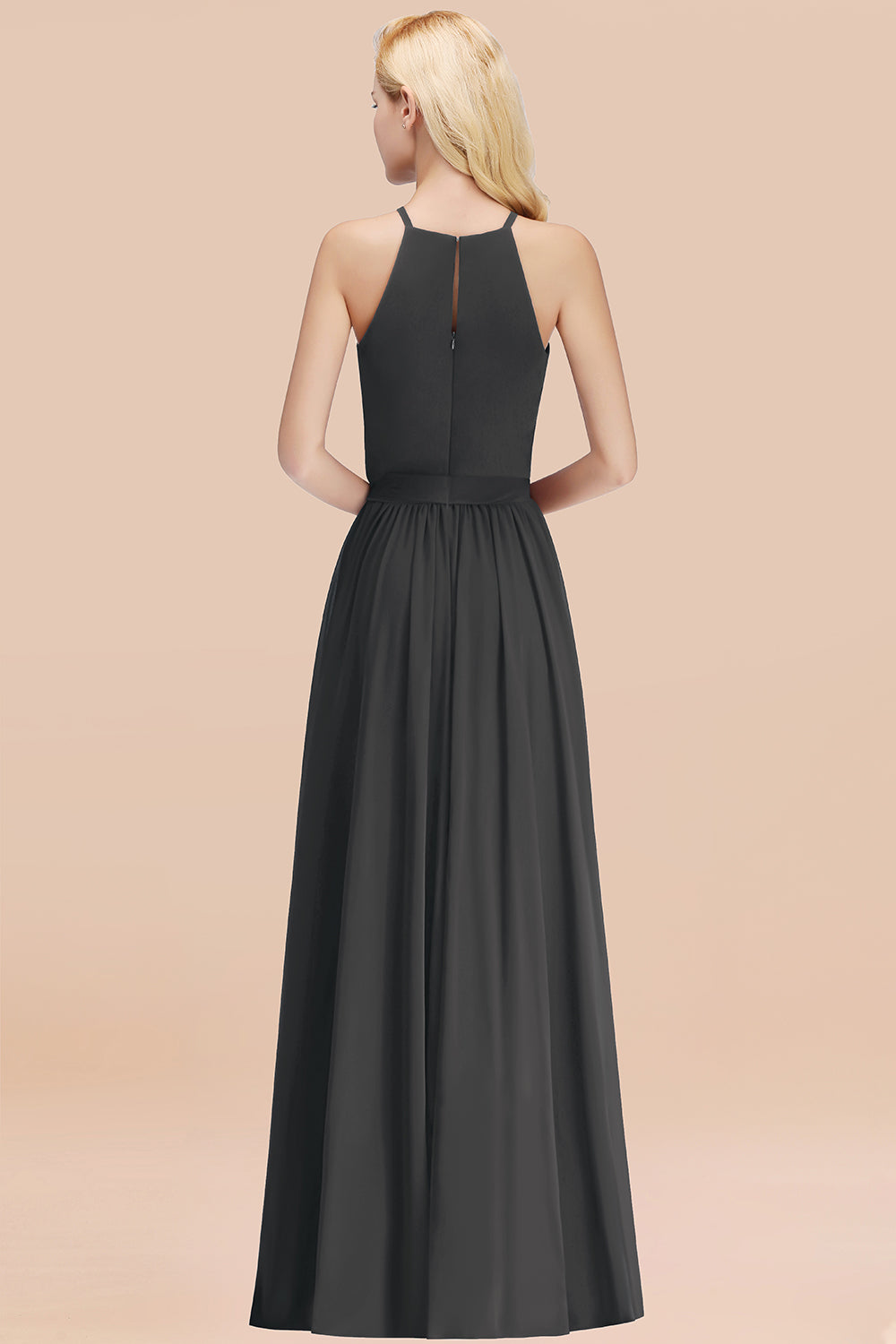 Modest Long A-line Halter Chiffon Bow Steelgrey Bridesmaid Dresses