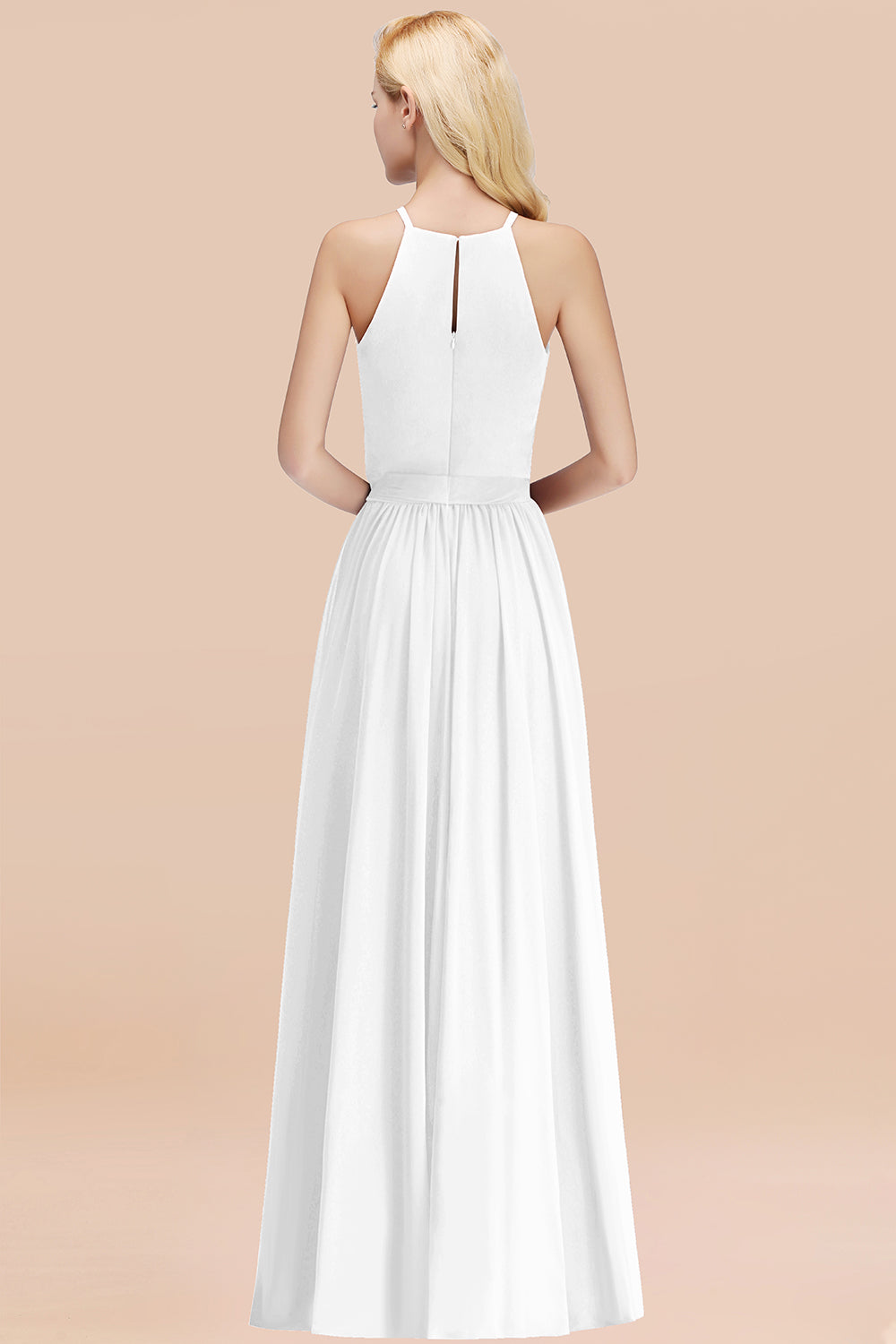 Modest Long A-line Halter Chiffon Bow White Bridesmaid Dresses