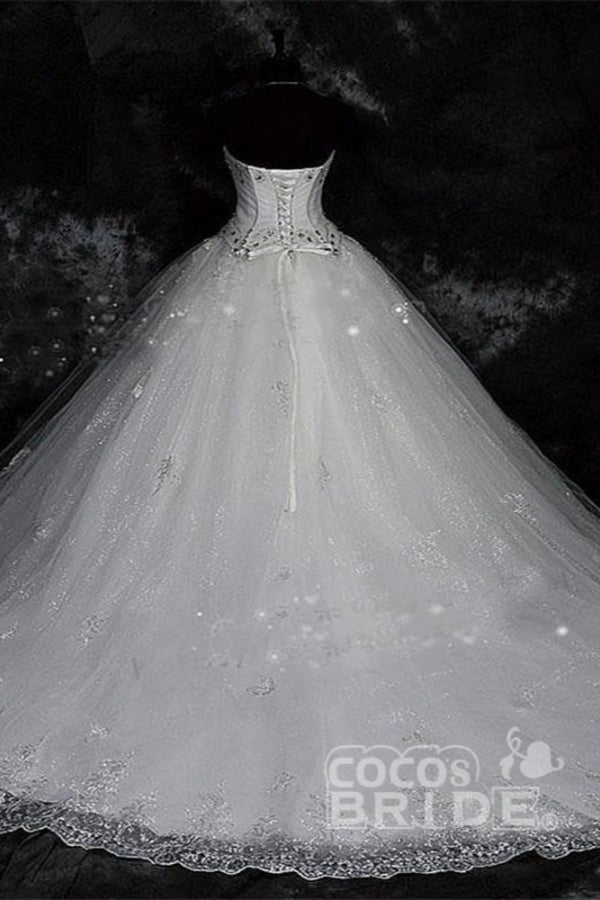 Modest Long Sweetheart Beaded Tulle Ball Gown Wedding Dresses