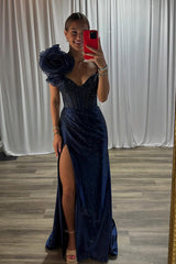 Long One Shoulder Mermaid Train Prom Dress with Slit