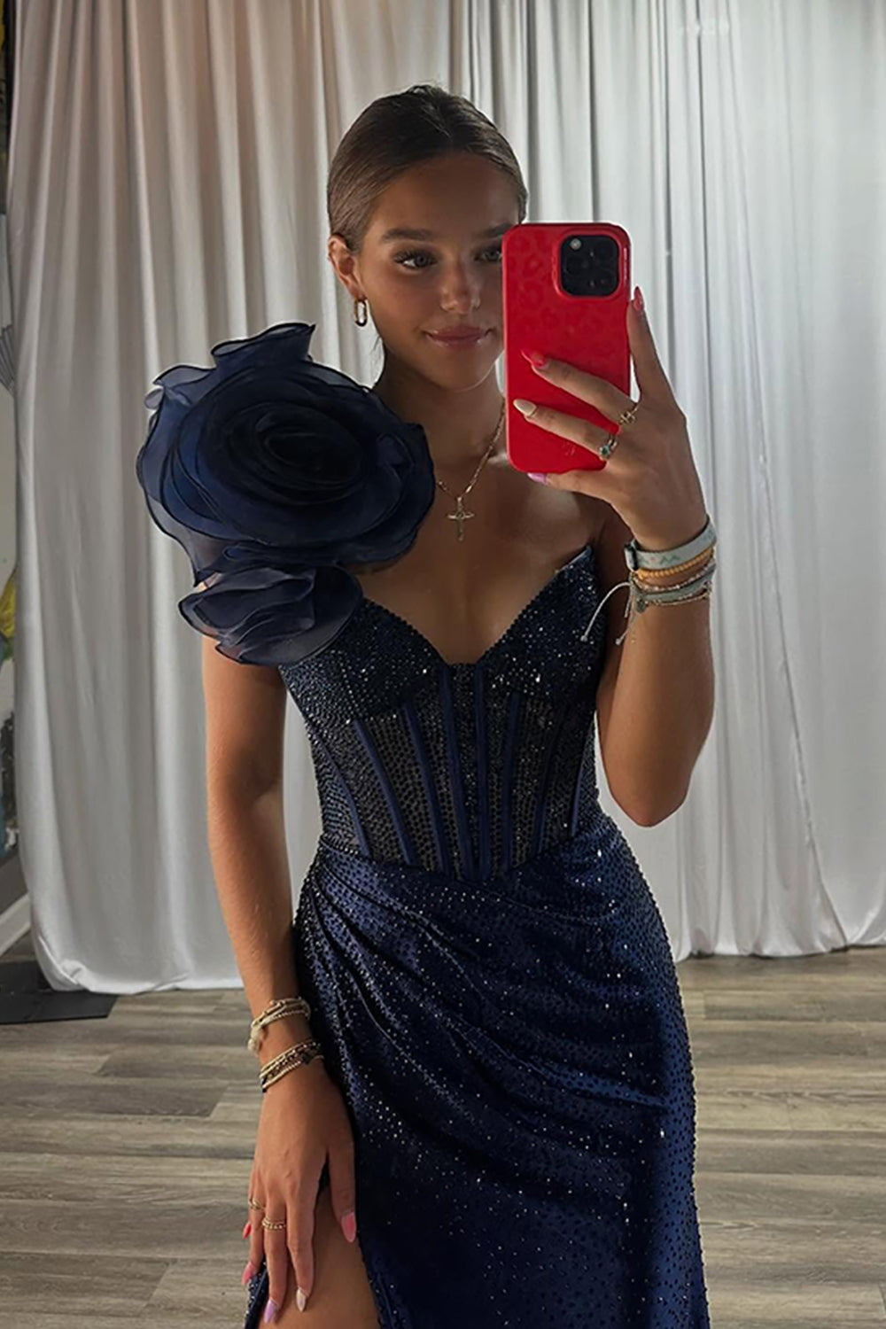 Long One Shoulder Mermaid Train Prom Dress with Slit