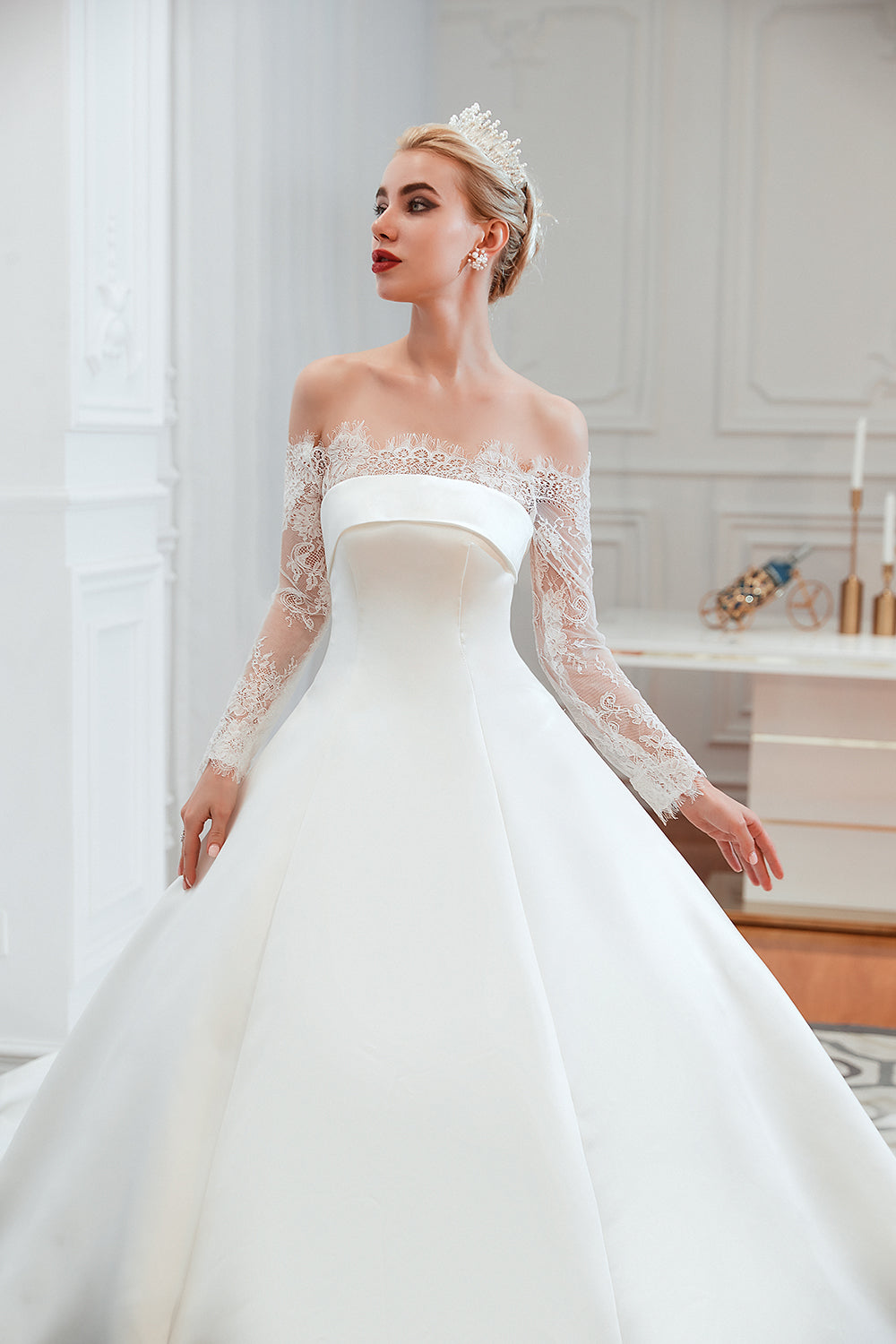 Long Ball Gown Off The Shoulder Lace Satin Wedding Dress with Sleeves