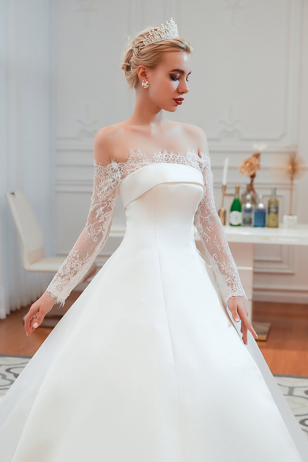 Long Ball Gown Off The Shoulder Lace Satin Wedding Dress with Sleeves