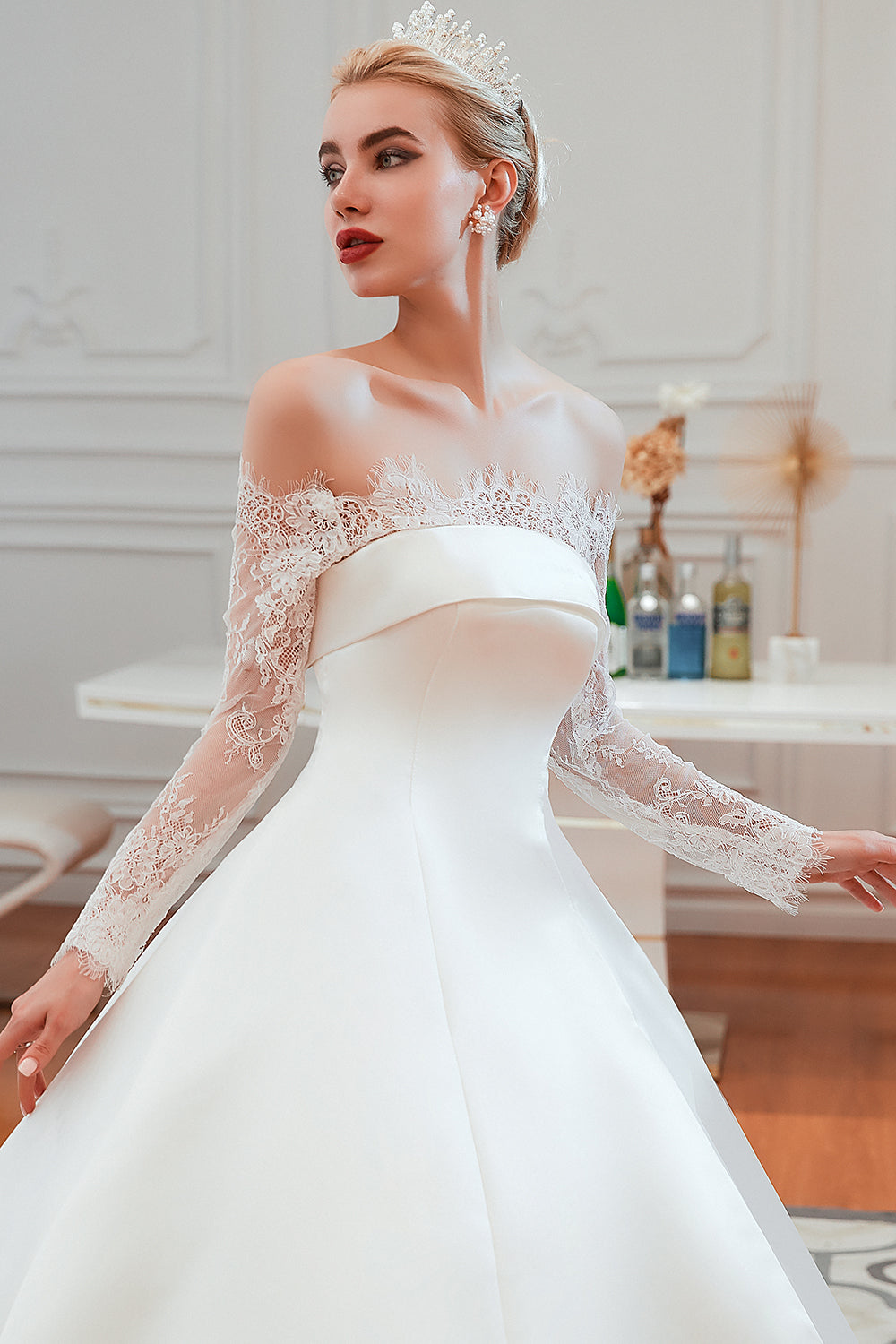 Long Ball Gown Off The Shoulder Lace Satin Wedding Dress with Sleeves