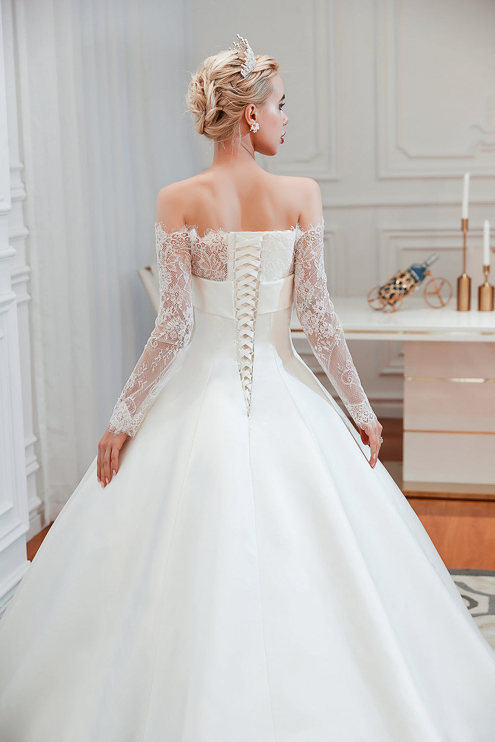 Long Ball Gown Off The Shoulder Lace Satin Wedding Dress with Sleeves