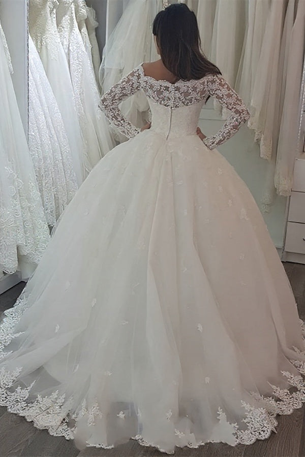 Off the Shoulder Long Sleeve Ball Gown Wedding Dress With Appliques Lace
