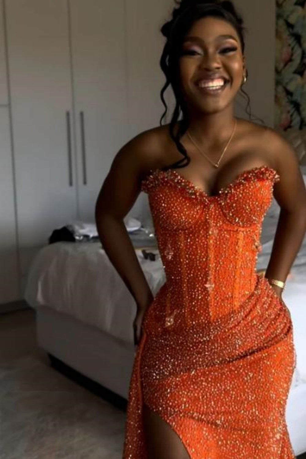 Orange Sweetheart Long Mermaid Prom Dress with High Slit