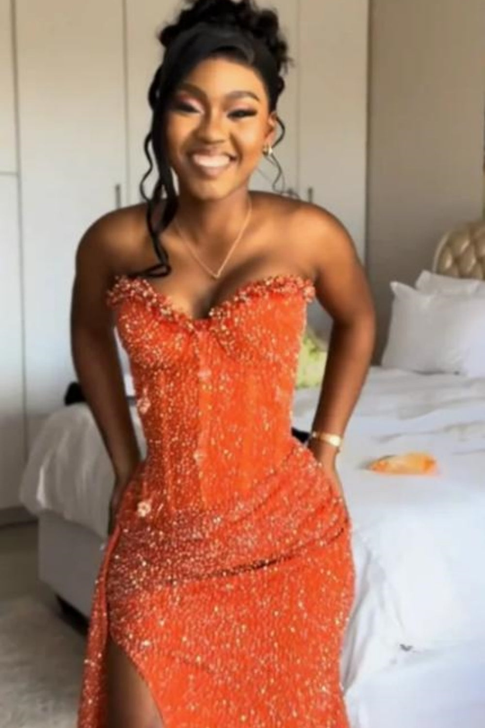Orange Sweetheart Long Mermaid Prom Dress with High Slit