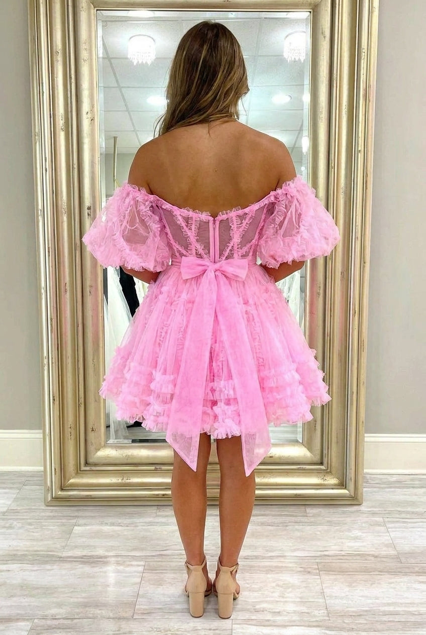 Pink A-Line Off The Shoulder Short Homecoming Dress with Sleeves