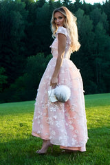 Pink Flowers Jewel A-Line Tea Length Prom Party Dress