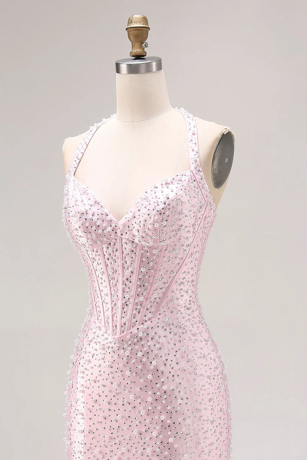 Long Pink Sleeveless Halter Sequined Mermaid Prom Dress