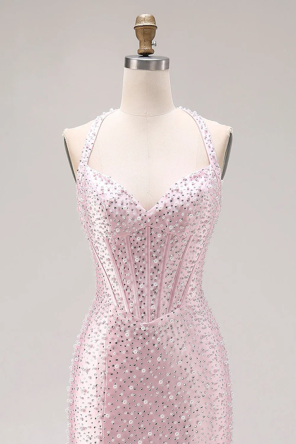 Long Pink Sleeveless Halter Sequined Mermaid Prom Dress