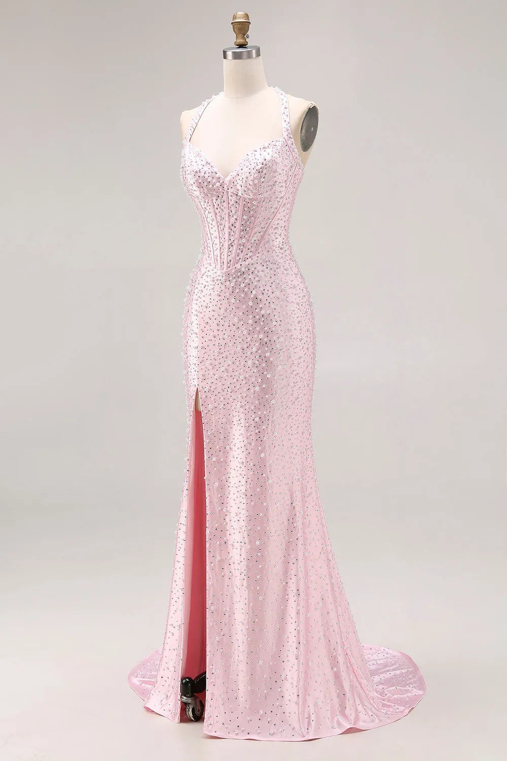 Long Pink Sleeveless Halter Sequined Mermaid Prom Dress