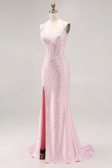 Long Pink Sleeveless Halter Sequined Mermaid Prom Dress