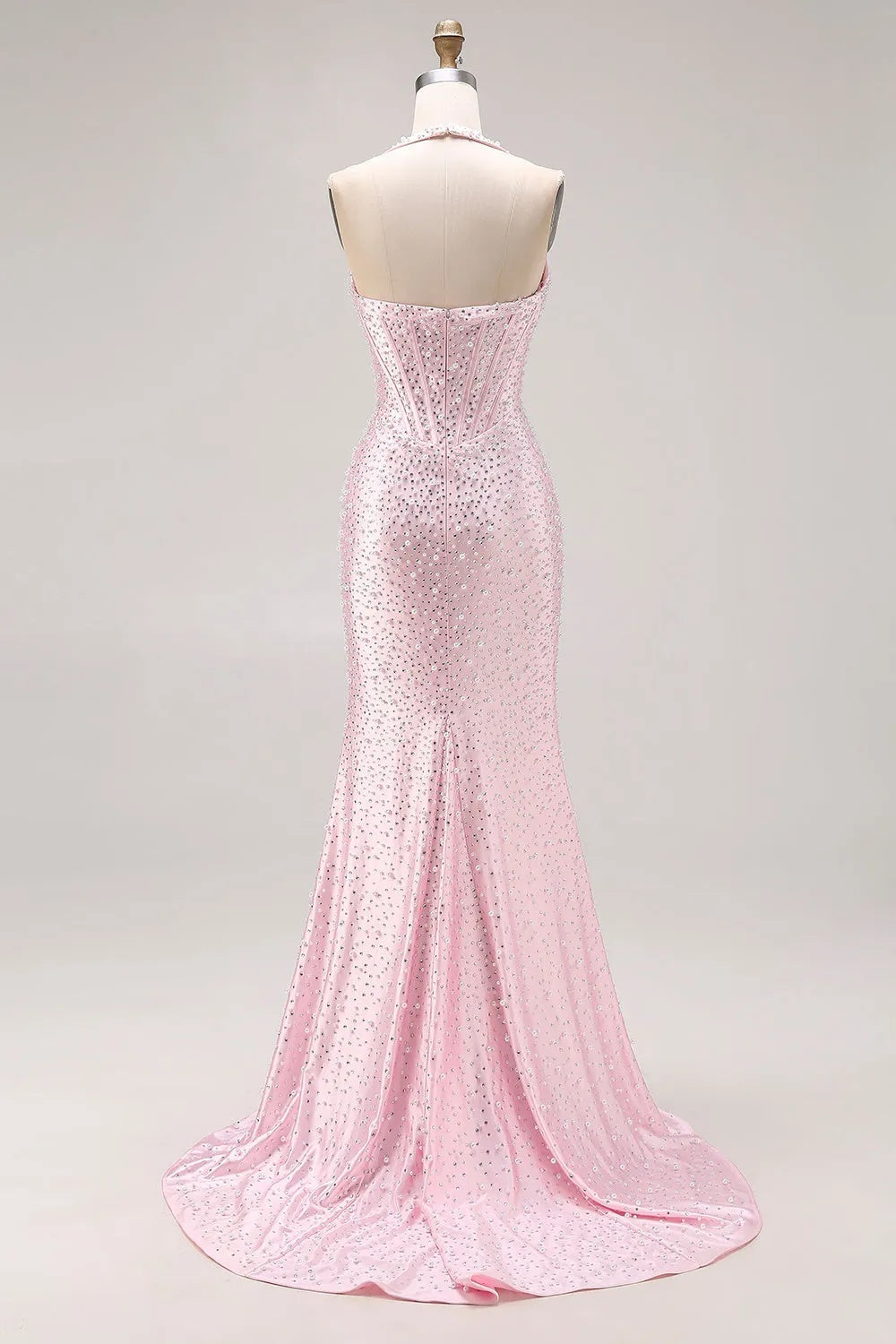 Long Pink Sleeveless Halter Sequined Mermaid Prom Dress