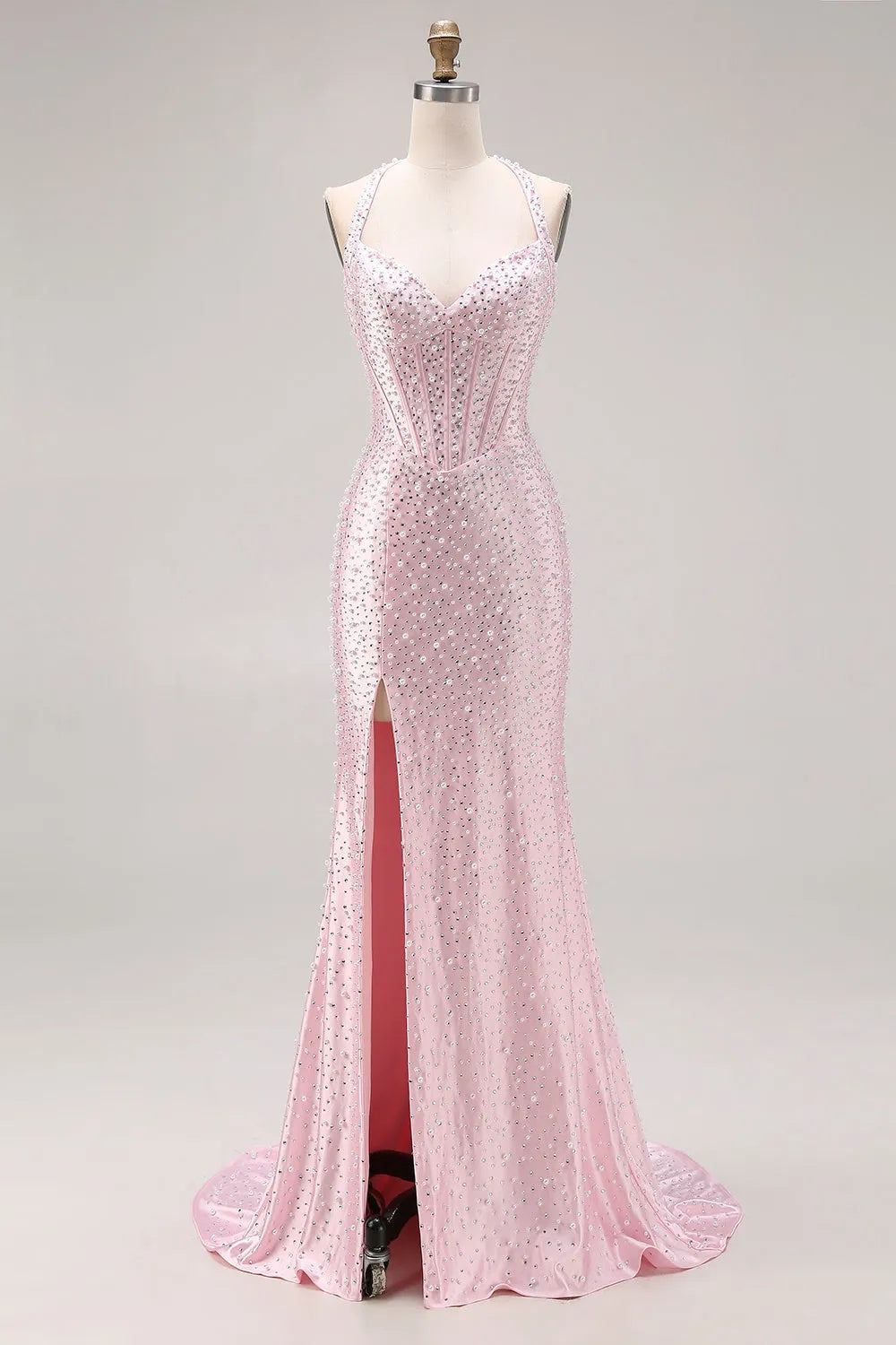 Long Pink Sleeveless Halter Sequined Mermaid Prom Dress