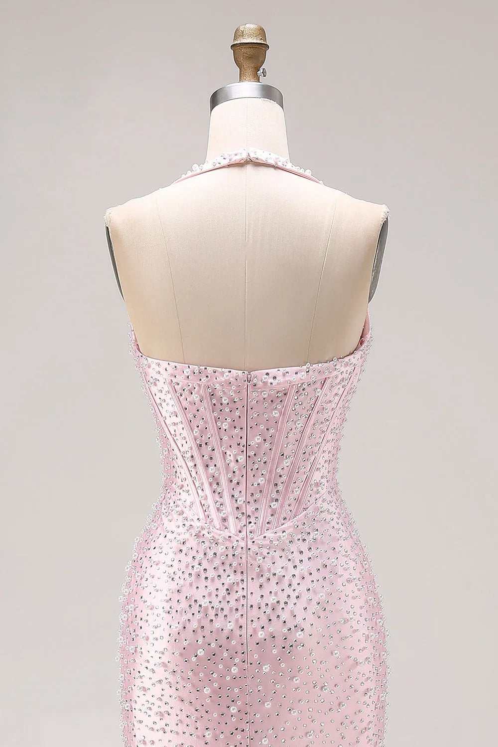Long Pink Sleeveless Halter Sequined Mermaid Prom Dress