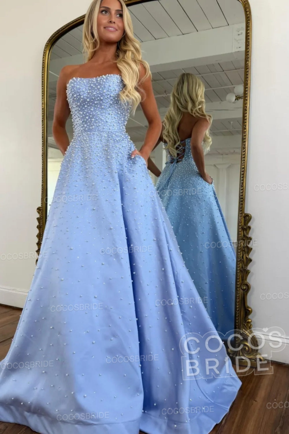 Pink Strapless Sleeveless A-line Long Pearled Prom Dress