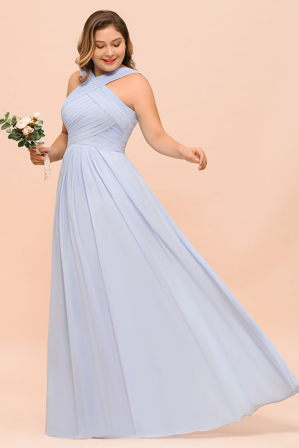 Plus Size Long A-line Halter Lavender Chiffon Bridesmaid Dress with Ruffle