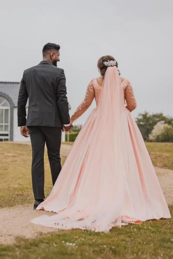 Plus Size Long A-line Scoop Satin Lace Wedding Dress with Sleeves