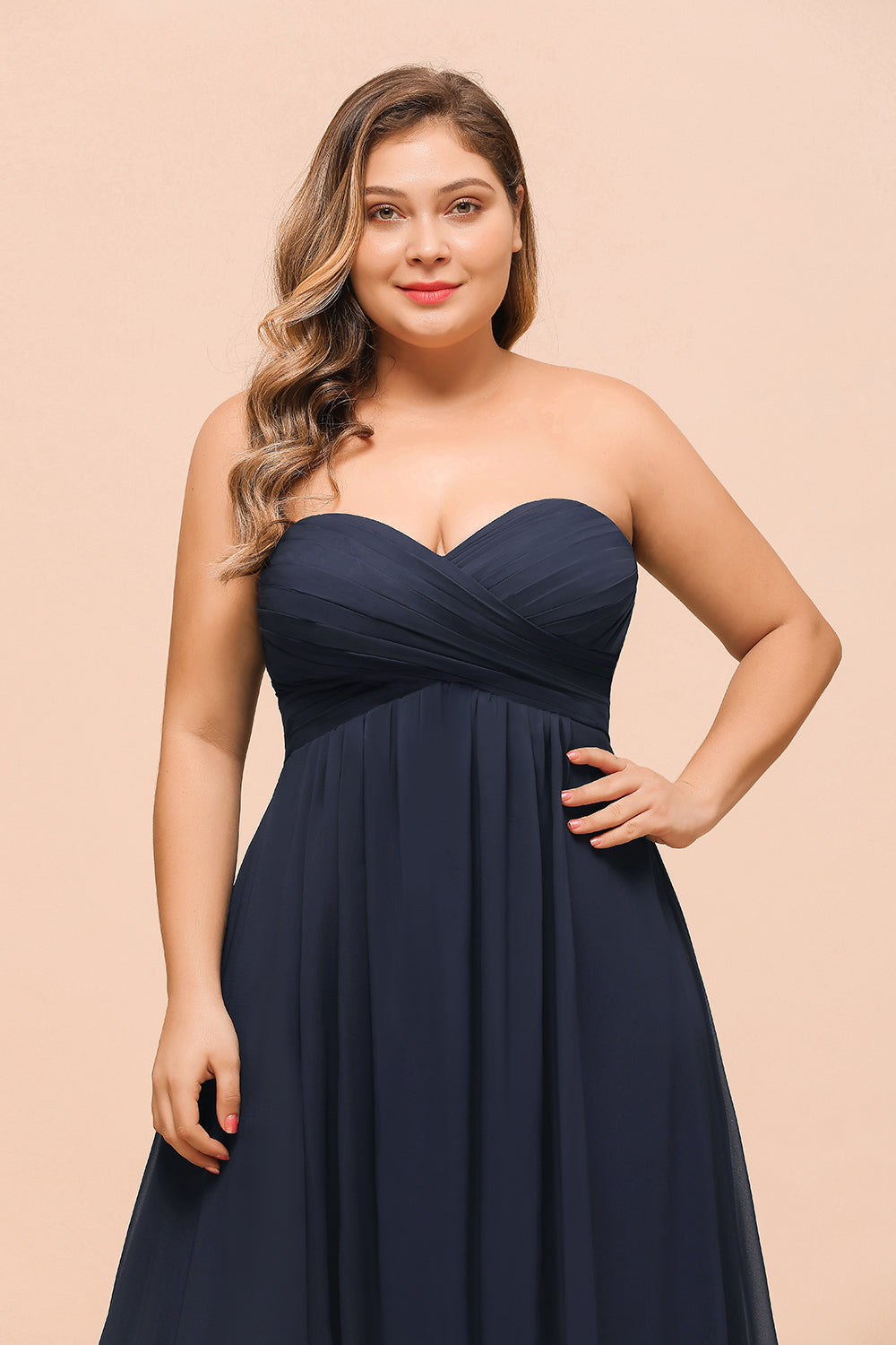 Plus Size Dark Navy Long Sweetheart Chiffon Wedding Guest Dresses