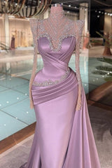 Purple Long Sleeves Long Mermaid Formal Dress with Rhinestones