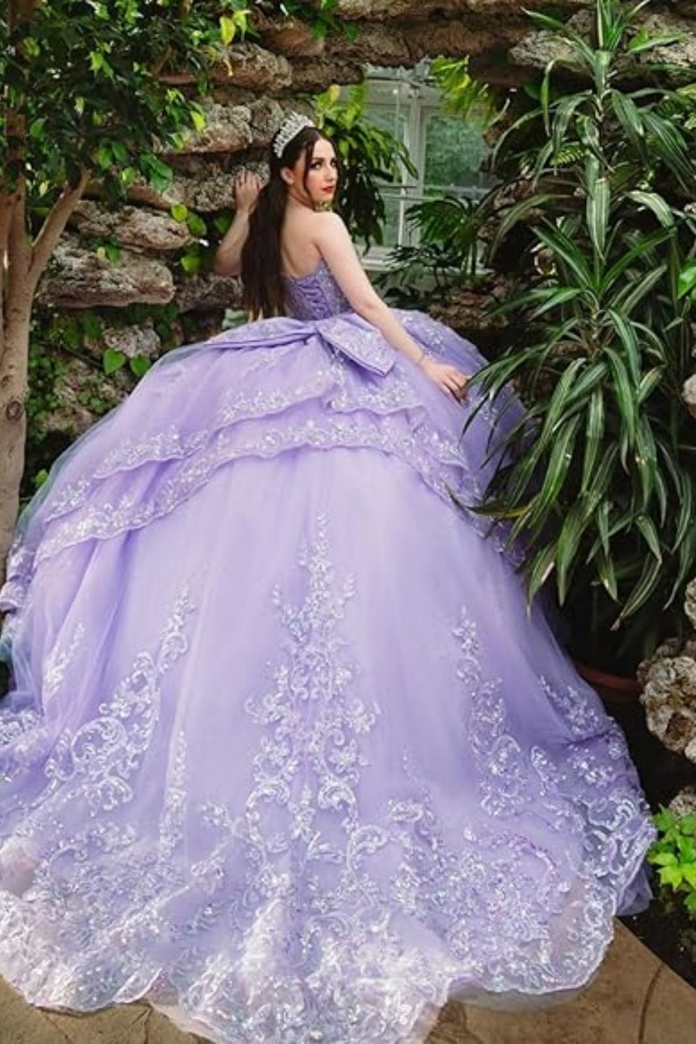 Purple Strapless Ball Gown Quinceanera Dress with Lace Applique
