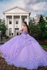 Purple Strapless Ball Gown Quinceanera Dress with Lace Applique