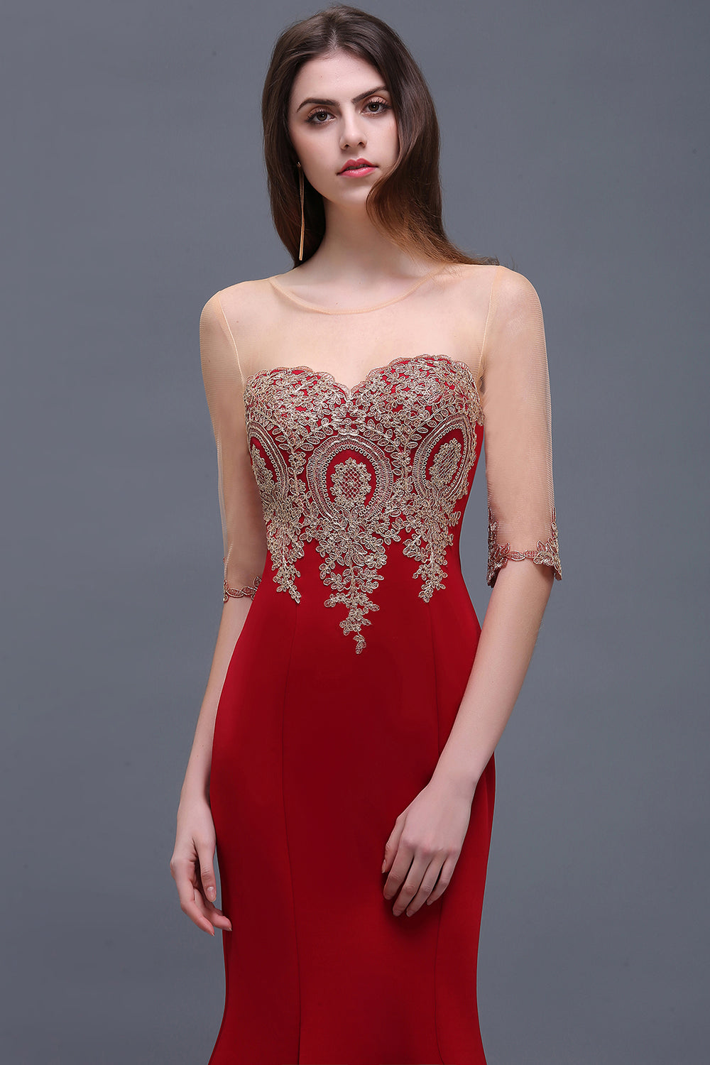 Red Half Sleeves Appliques Mermaid Beads Bridesmaid Dresses