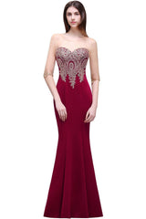 Red Half Sleeves Appliques Mermaid Beads Bridesmaid Dresses