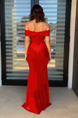 Red Long Off The Shoulder Velvet Mermaid Prom Dresses with Slit