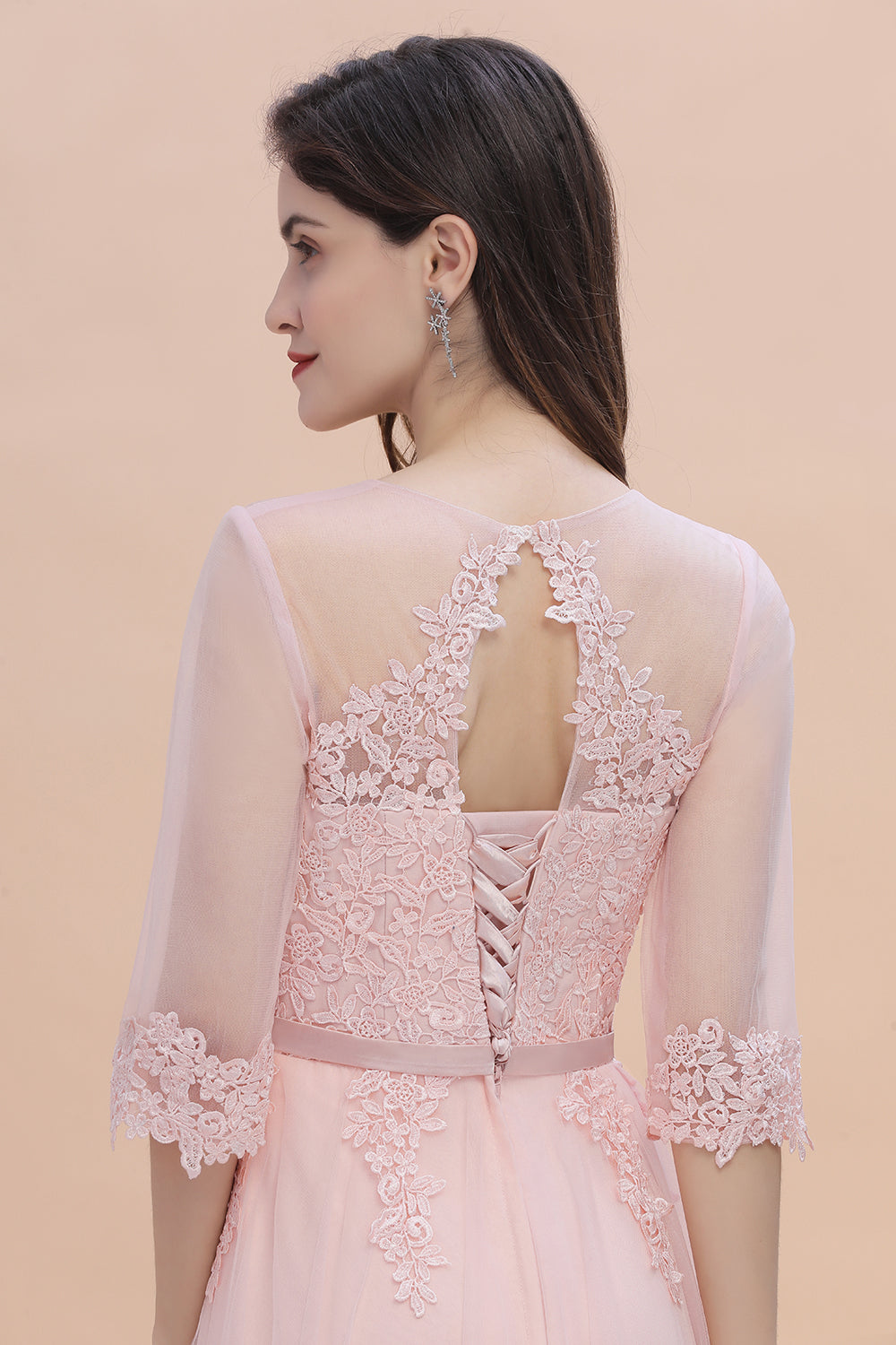 Long Sleeves A-Line V-neck Lace Appliques Wedding Guest Dress