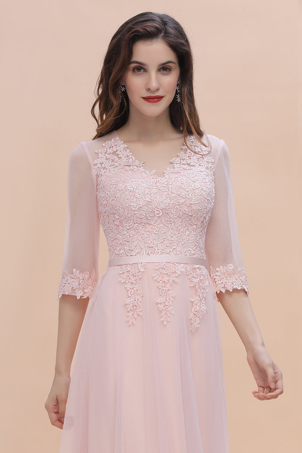 Long Sleeves A-Line V-neck Lace Appliques Wedding Guest Dress