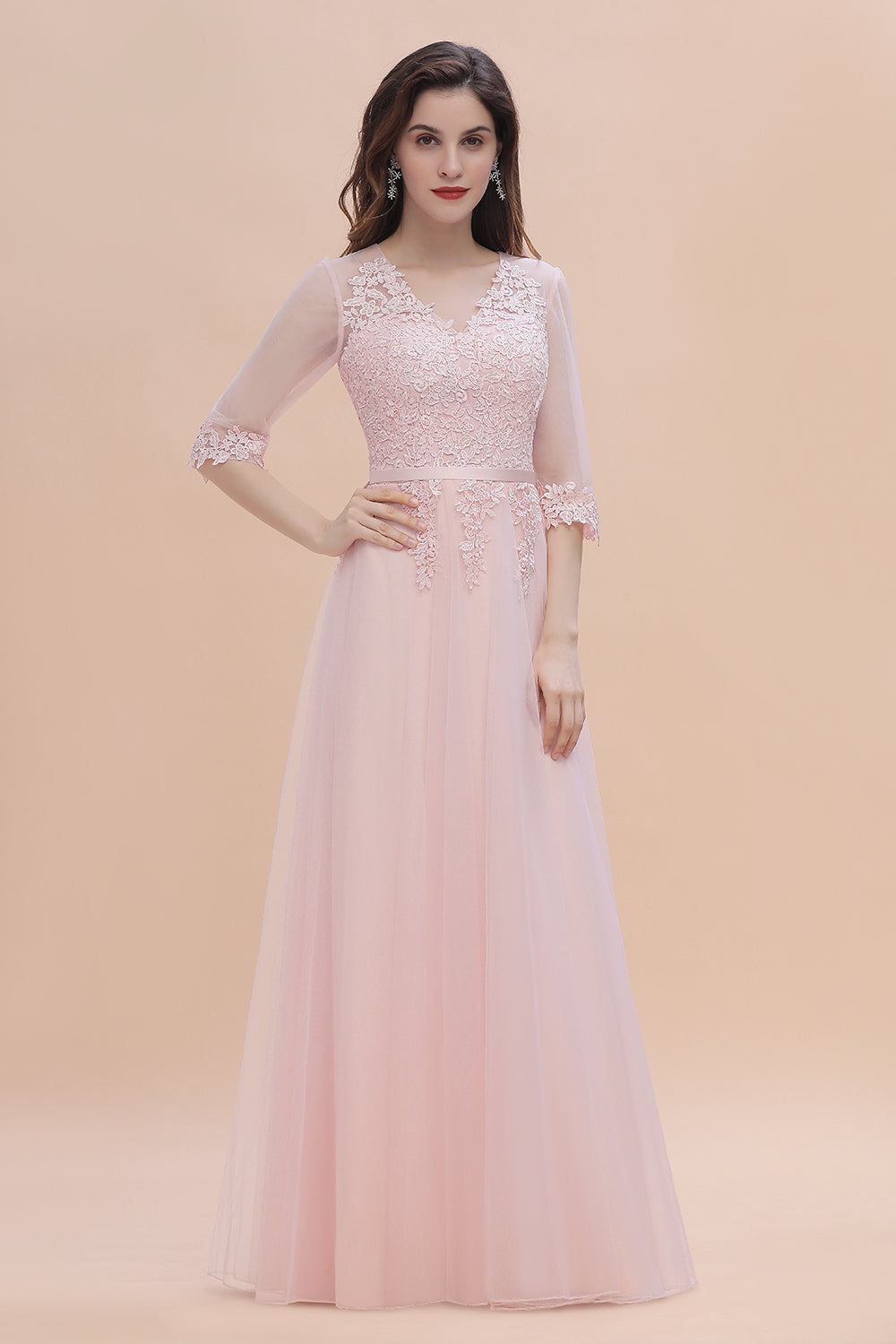 Long Sleeves A-Line V-neck Lace Appliques Wedding Guest Dress