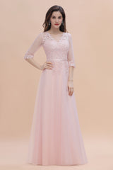 Romantic Long Sleeves V-neck Wedding Guest Dress Lace Appliques A-Line Bridesmaid Dress