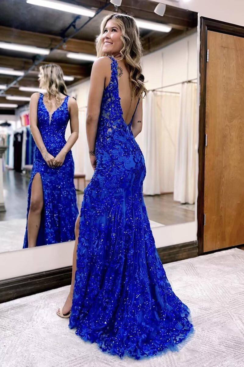 Burgundy V-neck Backless Sequin Mermaid Long Prom Dress with Slit