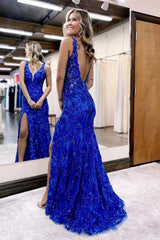 Burgundy V-neck Backless Sequin Mermaid Long Prom Dress with Slit