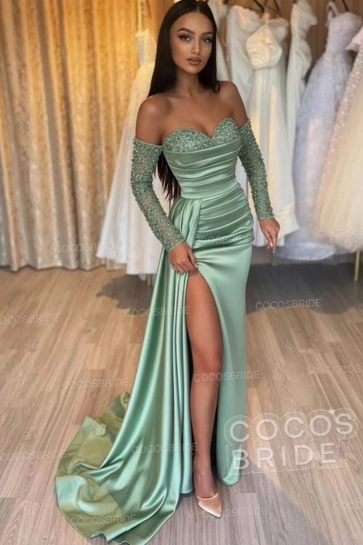 Long Mermaid Off the Shoulder Satin Front Slit Prom Dresses with Sleeves
