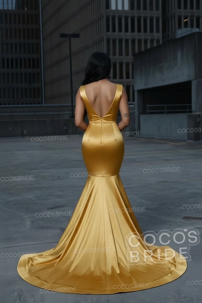 Gorgeous Mermaid V-neck Satin Long Prom Dress with Beads